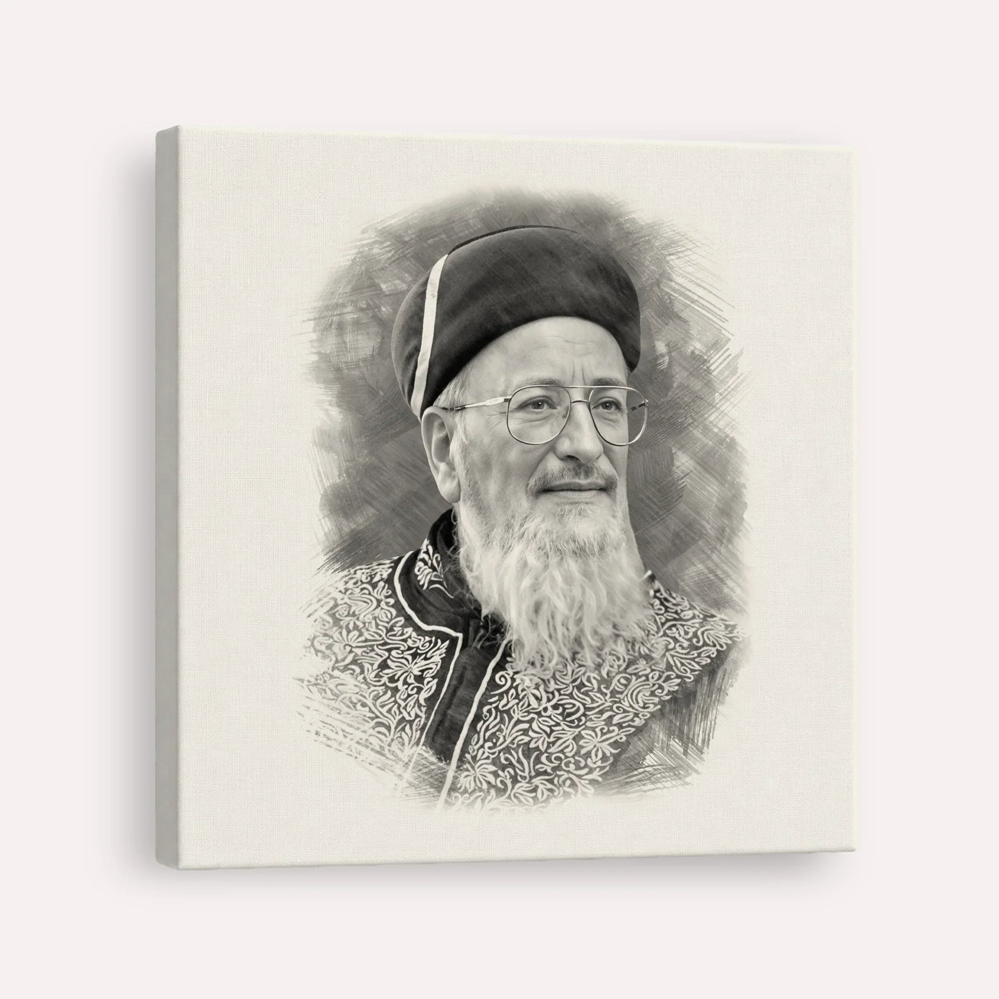 Rabbi Mordechai Eliyahu – Black & White – Canvas Square | Jewish Wall Art, Gedolim Pictures