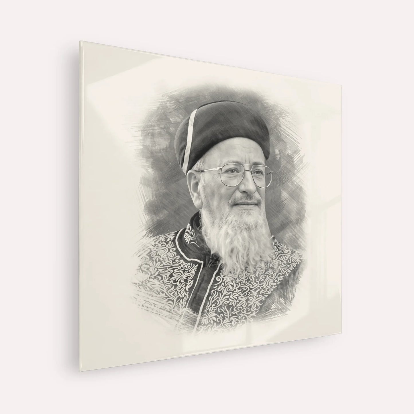 Rabbi Mordechai Eliyahu – Black & White – Acrylic Glass Square | Jewish Wall Art, Gedolim Pictures