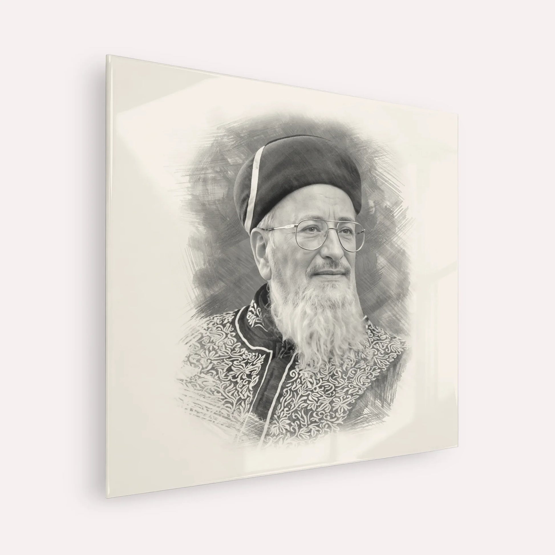 Rabbi Mordechai Eliyahu – Black & White – Acrylic Glass Square | Jewish Wall Art, Gedolim Pictures