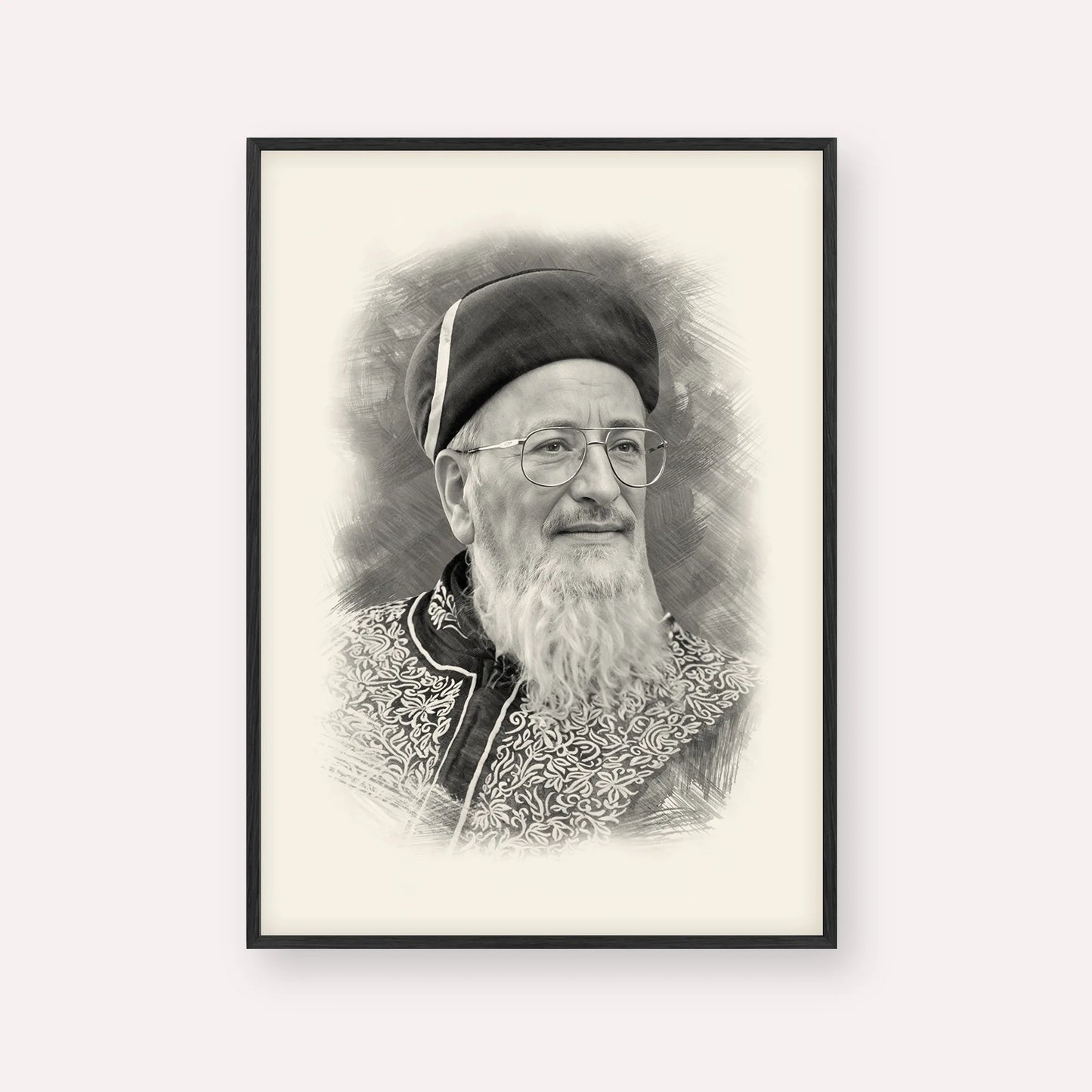 Rabbi Mordechai Eliyahu – Black & White – Black Frame Vertical | Jewish Wall Art, Gedolim Pictures