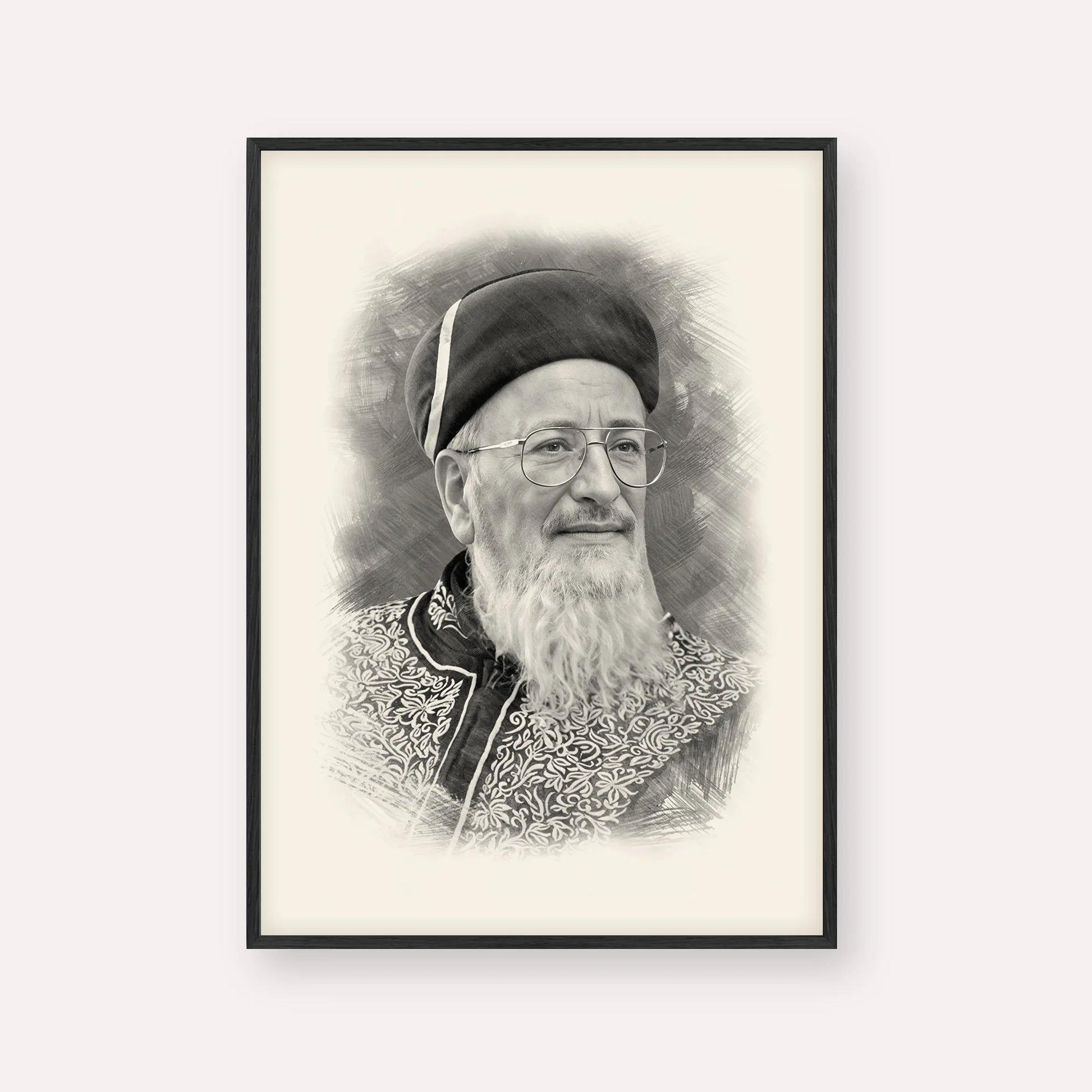 Rabbi Mordechai Eliyahu – Black & White – Black Frame Vertical | Jewish Wall Art, Gedolim Pictures