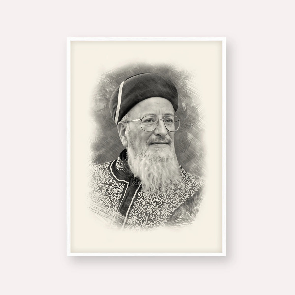 Rabbi Mordechai Eliyahu – Black & White – White Frame Vertical | Jewish Wall Art, Gedolim Pictures