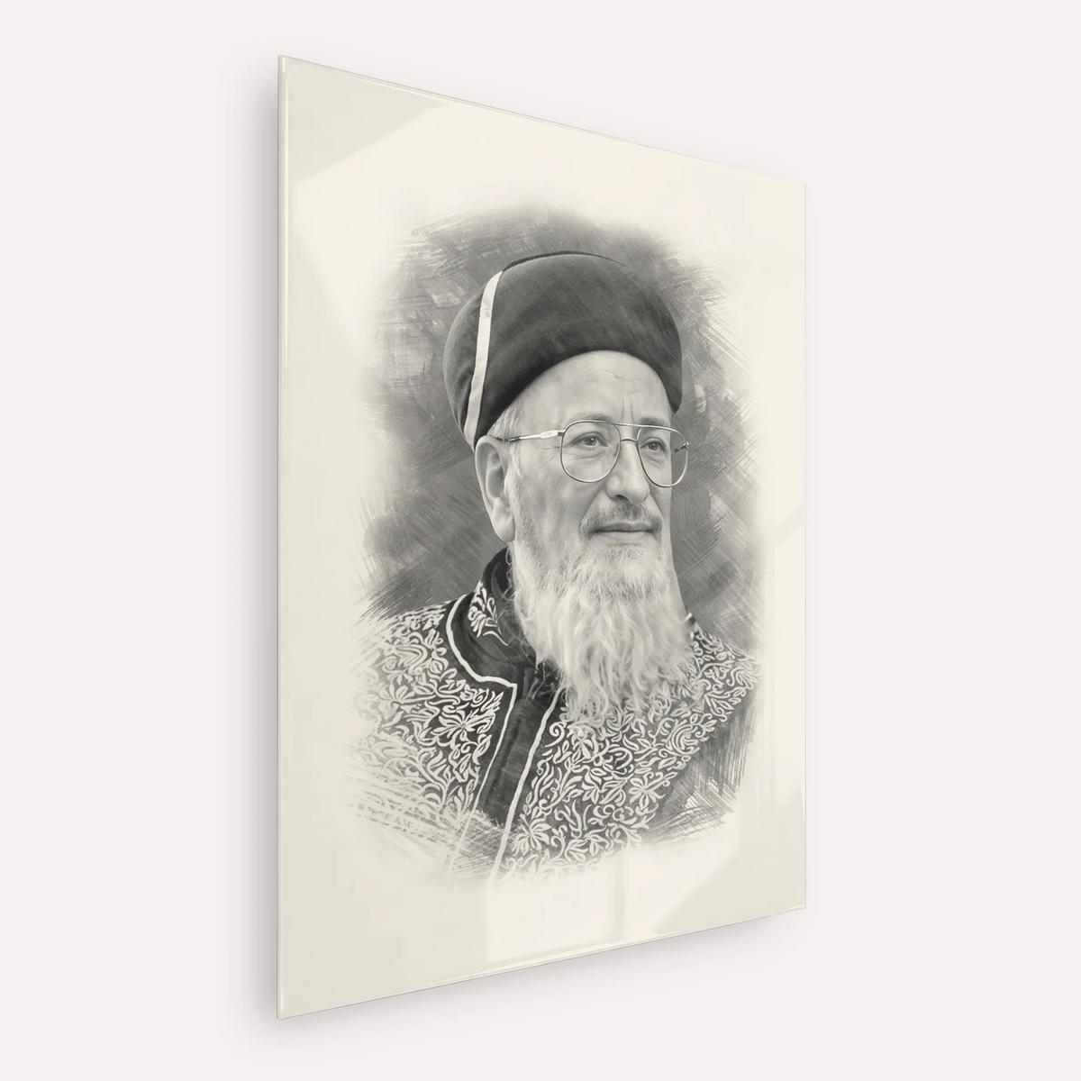 Rabbi Mordechai Eliyahu – Black & White – Acrylic Glass Vertical | Jewish Wall Art, Gedolim Pictures