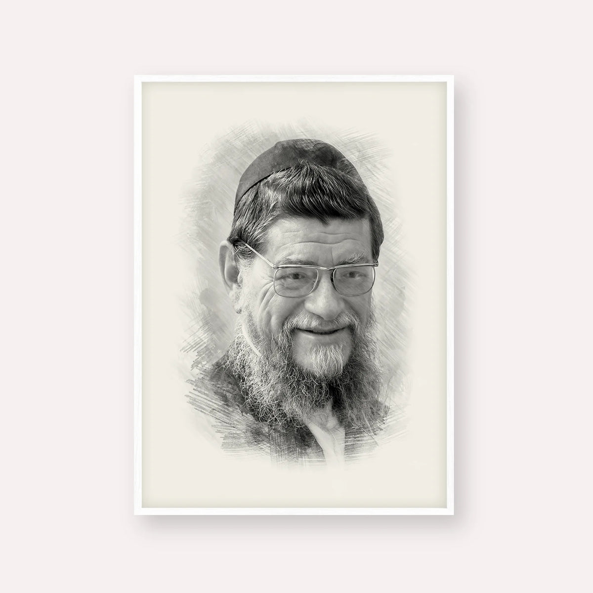 Rabbi Mordechai Gifter – Black & White – White Frame Vertical | Jewish Wall Art, Gedolim Pictures