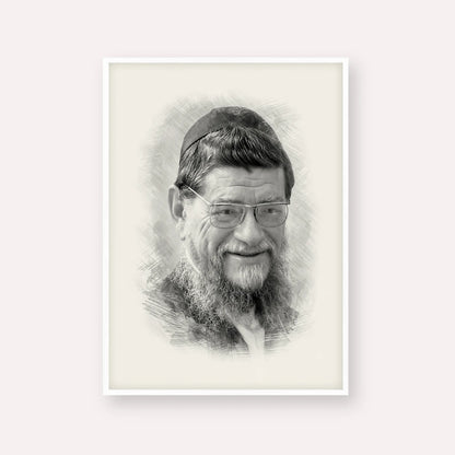 Rabbi Mordechai Gifter – Black & White – White Frame Vertical | Jewish Wall Art, Gedolim Pictures