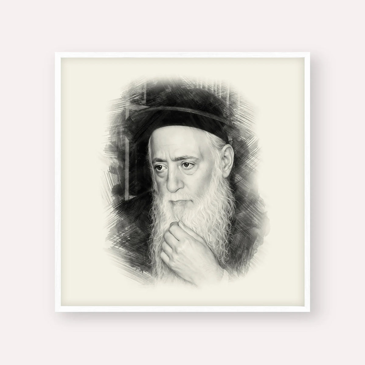 Rabbi Moshe Aharon Pinto – Black & White – White Frame Square | Jewish Wall Art, Gedolim Pictures