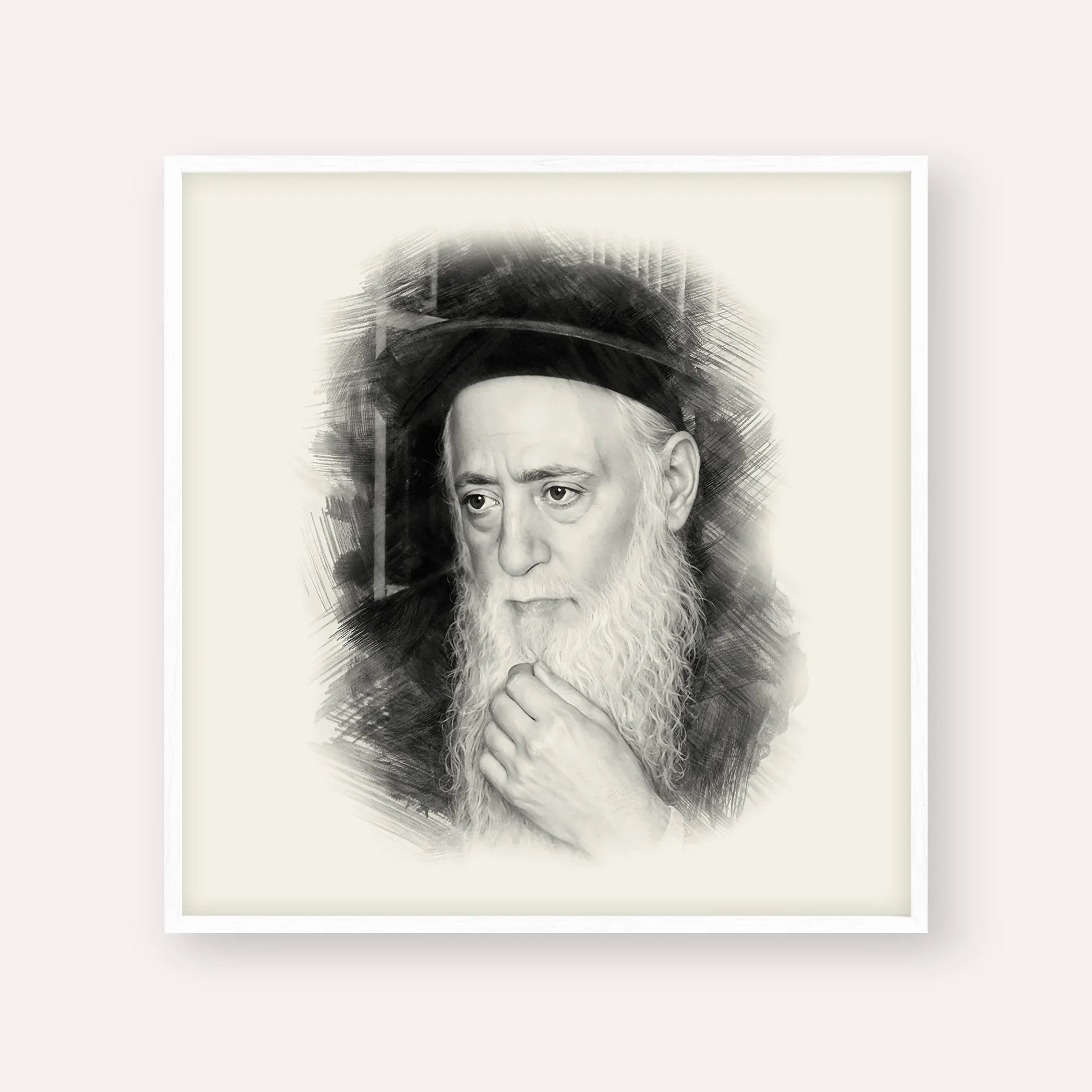 Rabbi Moshe Aharon Pinto – Black & White – White Frame Square | Jewish Wall Art, Gedolim Pictures