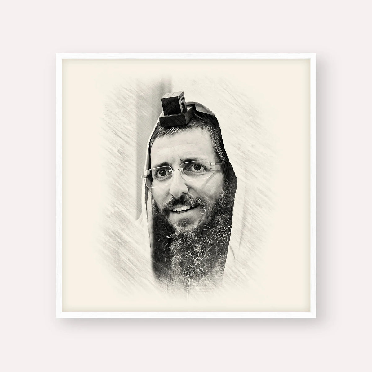 Rabbi Moshe Avital – Black & White – White Frame Square | Jewish Wall Art, Gedolim Pictures
