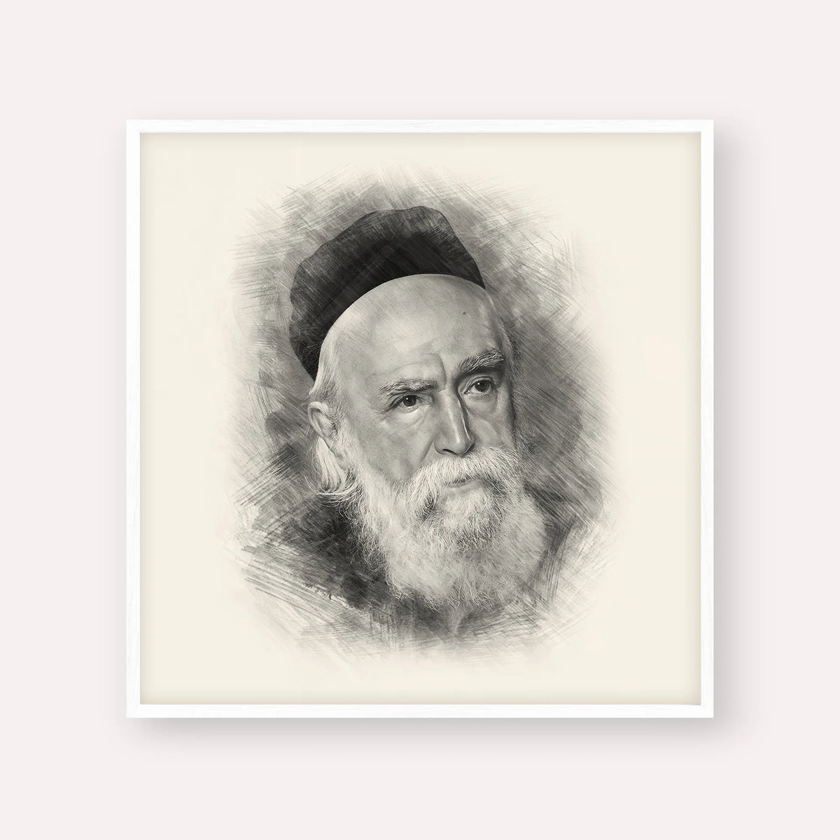 Rabbi Moshe Feinstein – Black & White – White Frame Square | Jewish Wall Art, Gedolim Pictures