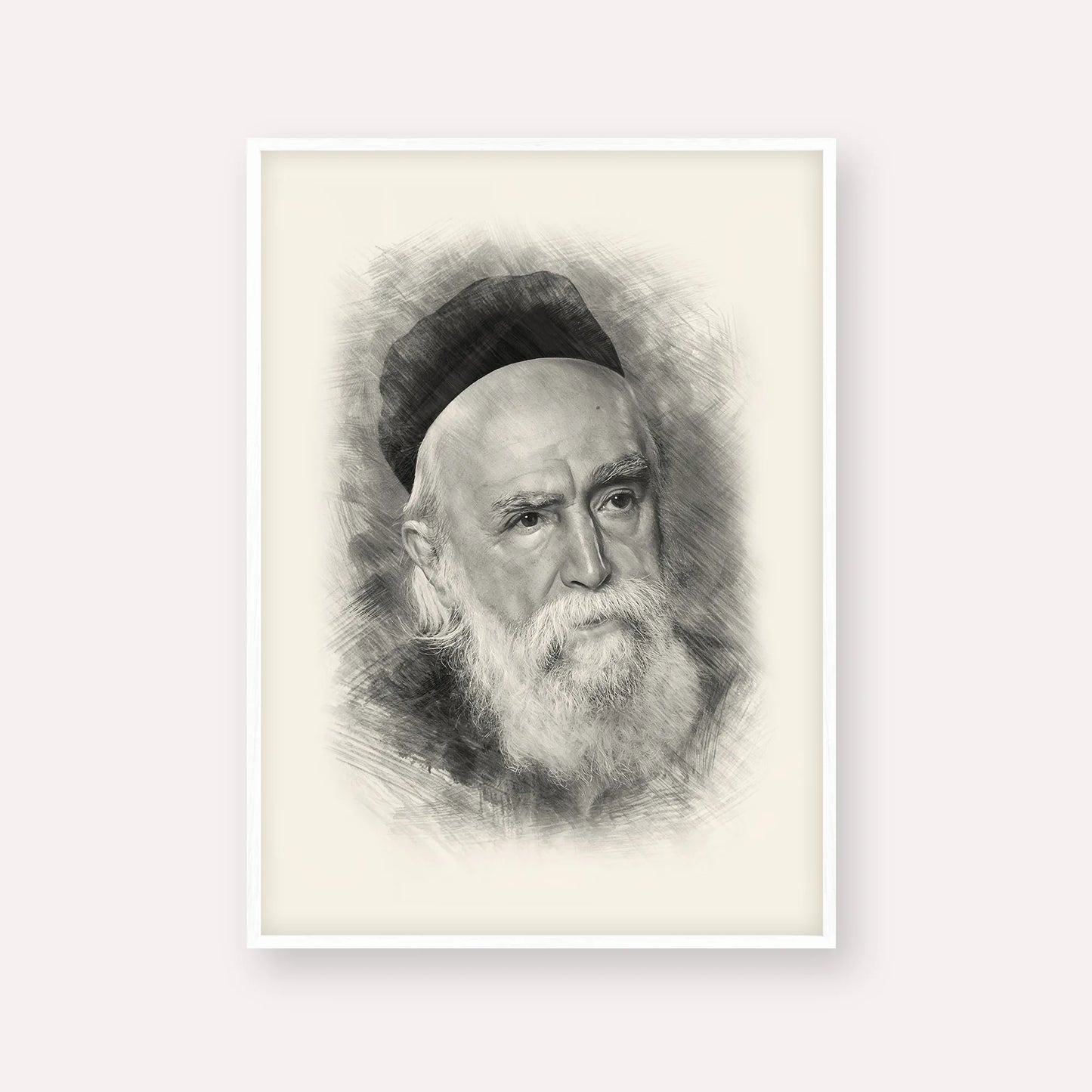Rabbi Moshe Feinstein – Black & White – White Frame Vertical | Jewish Wall Art, Gedolim Pictures