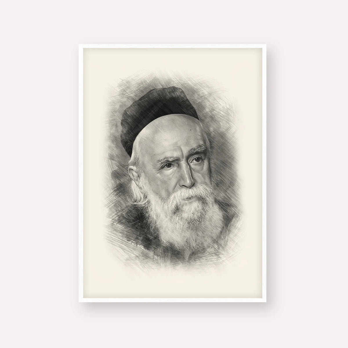 Rabbi Moshe Feinstein – Black & White – White Frame Vertical | Jewish Wall Art, Gedolim Pictures