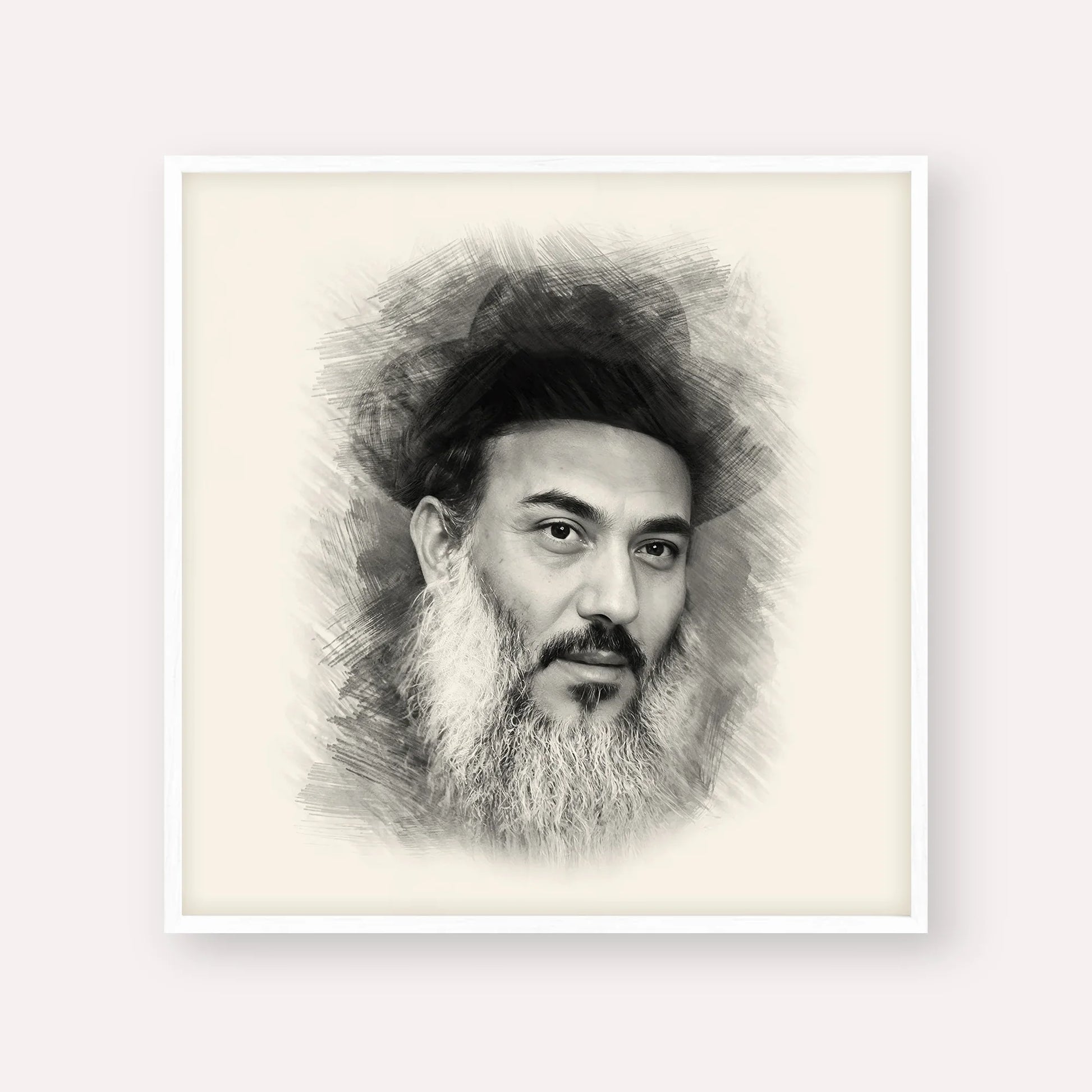 Rabbi Nissim Yagen – Black & White – White Frame Square | Jewish Wall Art, Gedolim Pictures