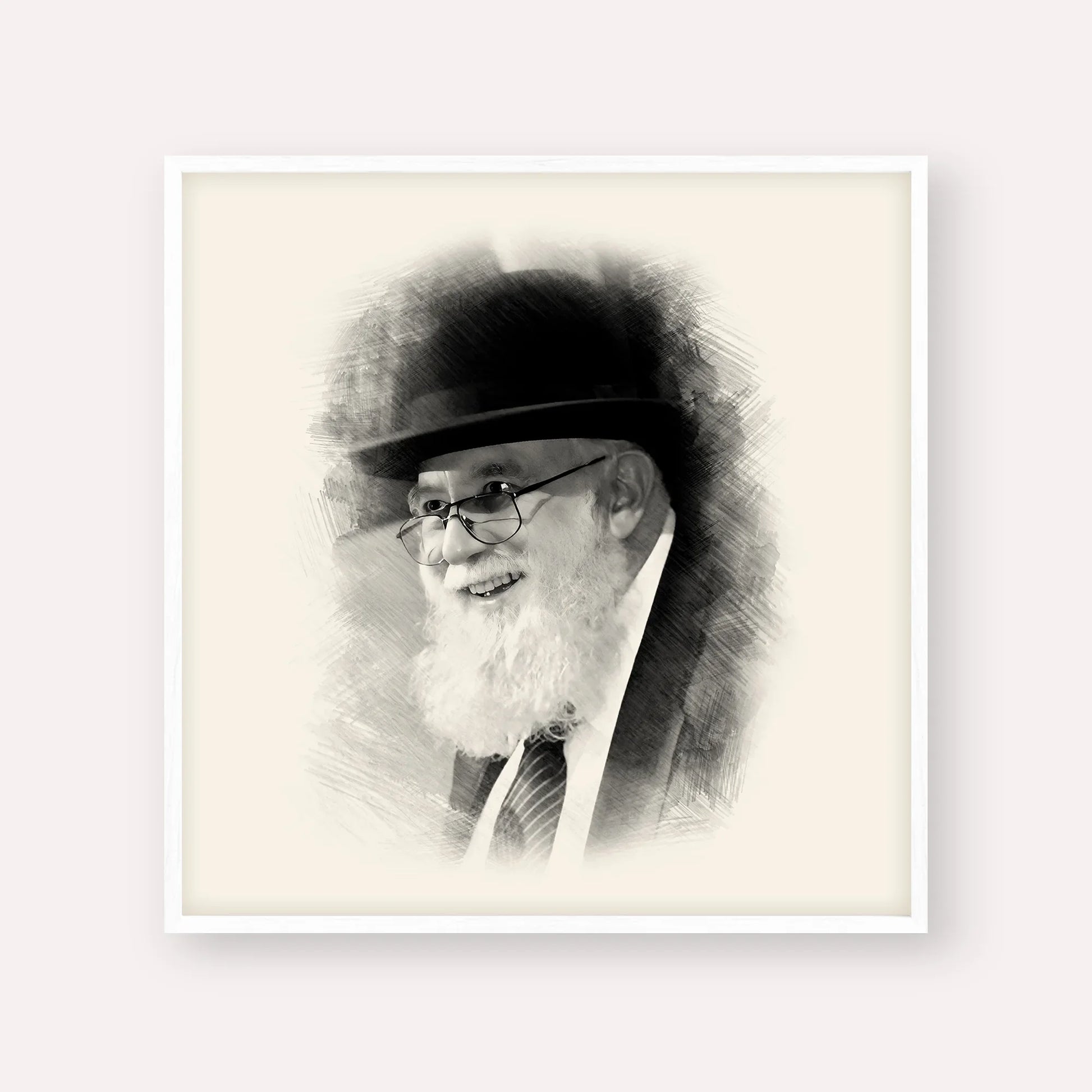 Rabbi Noah Weinberg – Black & White – White Frame Square | Jewish Wall Art, Gedolim Pictures
