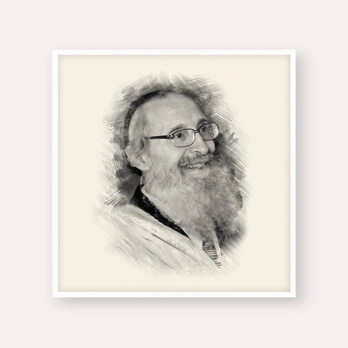Rabbi Nosson Tzvi Finkel – Black & White – White Frame Square | Jewish Wall Art, Gedolim Pictures