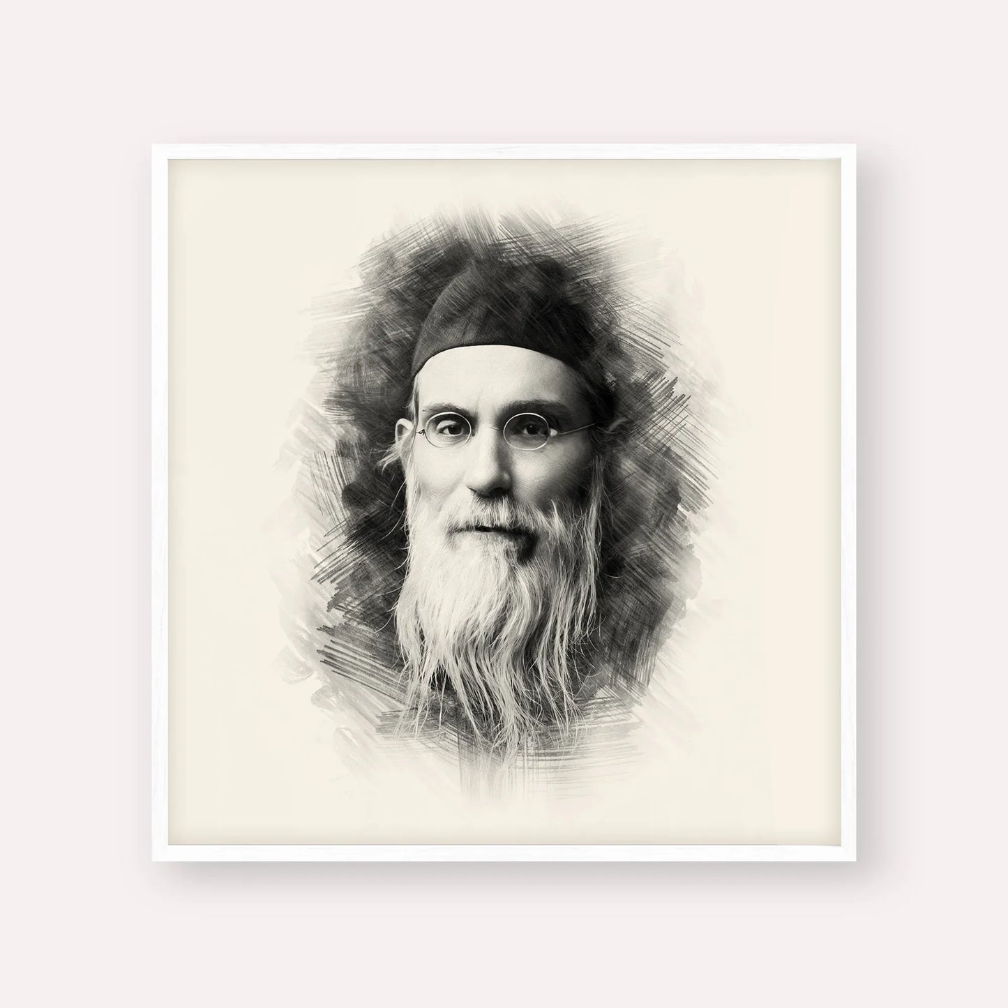 Rabbi Nosson Tzvi Finkel (Alter of Slabodka) – Black & White – White Frame Square | Jewish Wall Art, Gedolim Pictures