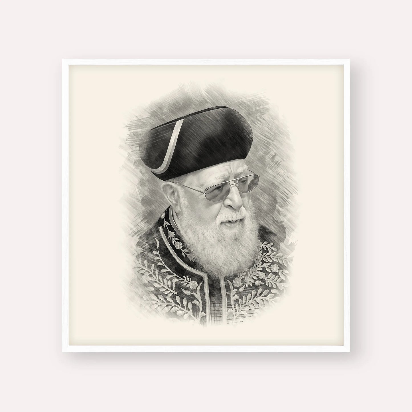 Rabbi Ovadia Yosef – Black & White – White Frame Square | Jewish Wall Art, Gedolim Pictures