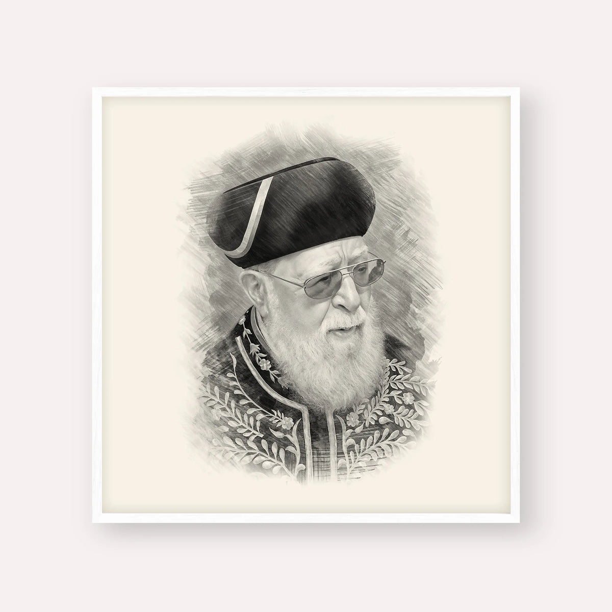 Rabbi Ovadia Yosef – Black & White – White Frame Square | Jewish Wall Art, Gedolim Pictures