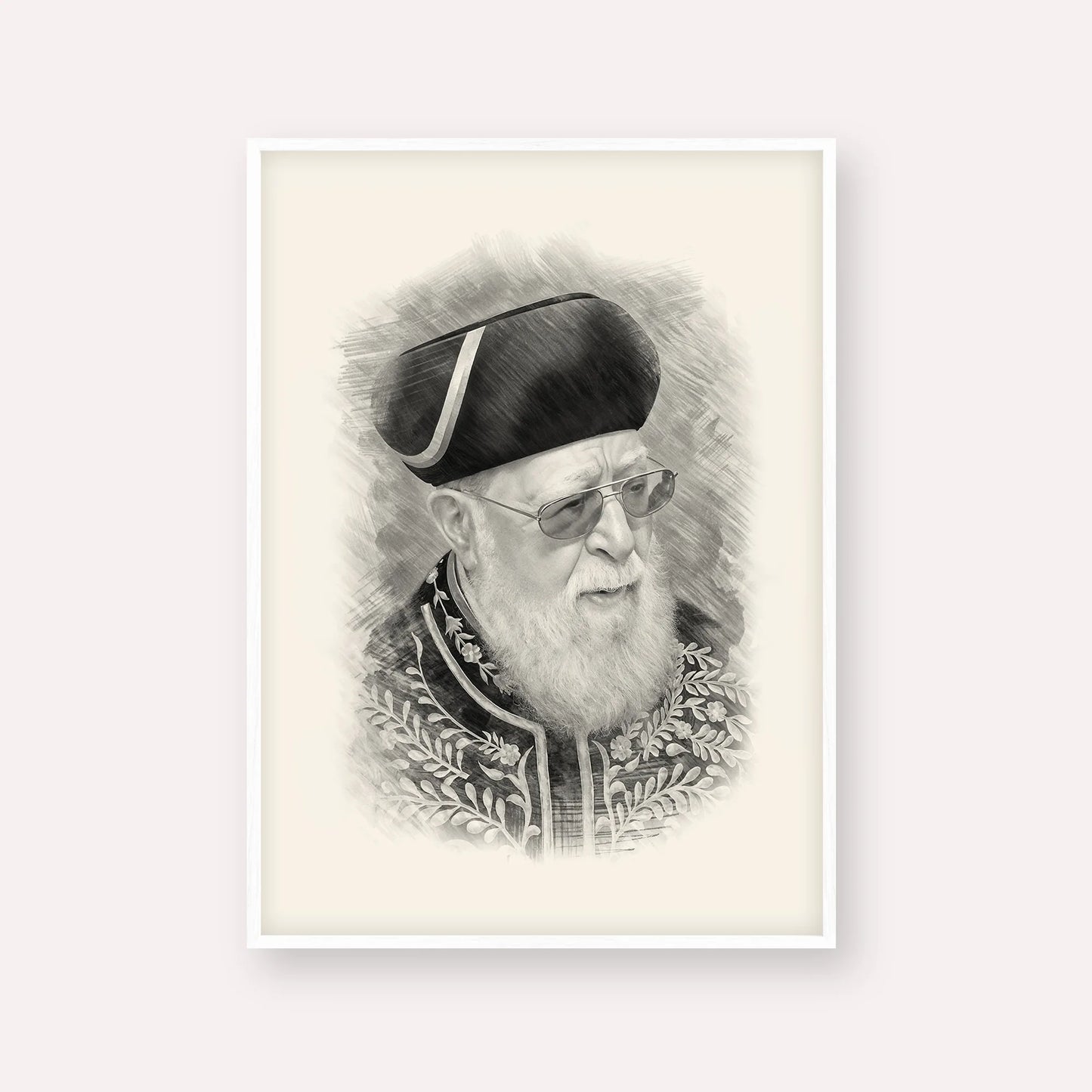 Rabbi Ovadia Yosef – Black & White – White Frame Vertical | Jewish Wall Art, Gedolim Pictures