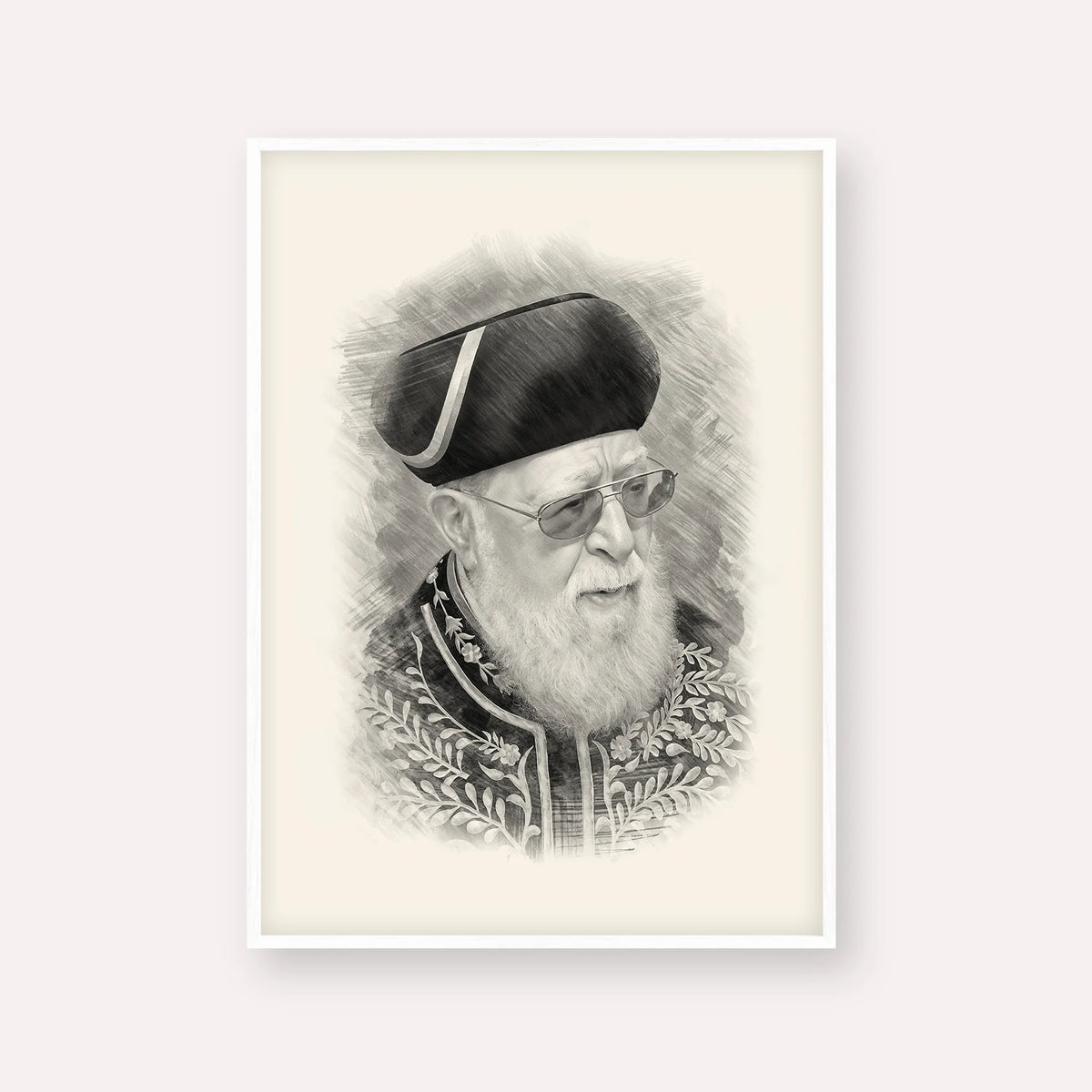 Rabbi Ovadia Yosef – Black & White – White Frame Vertical | Jewish Wall Art, Gedolim Pictures