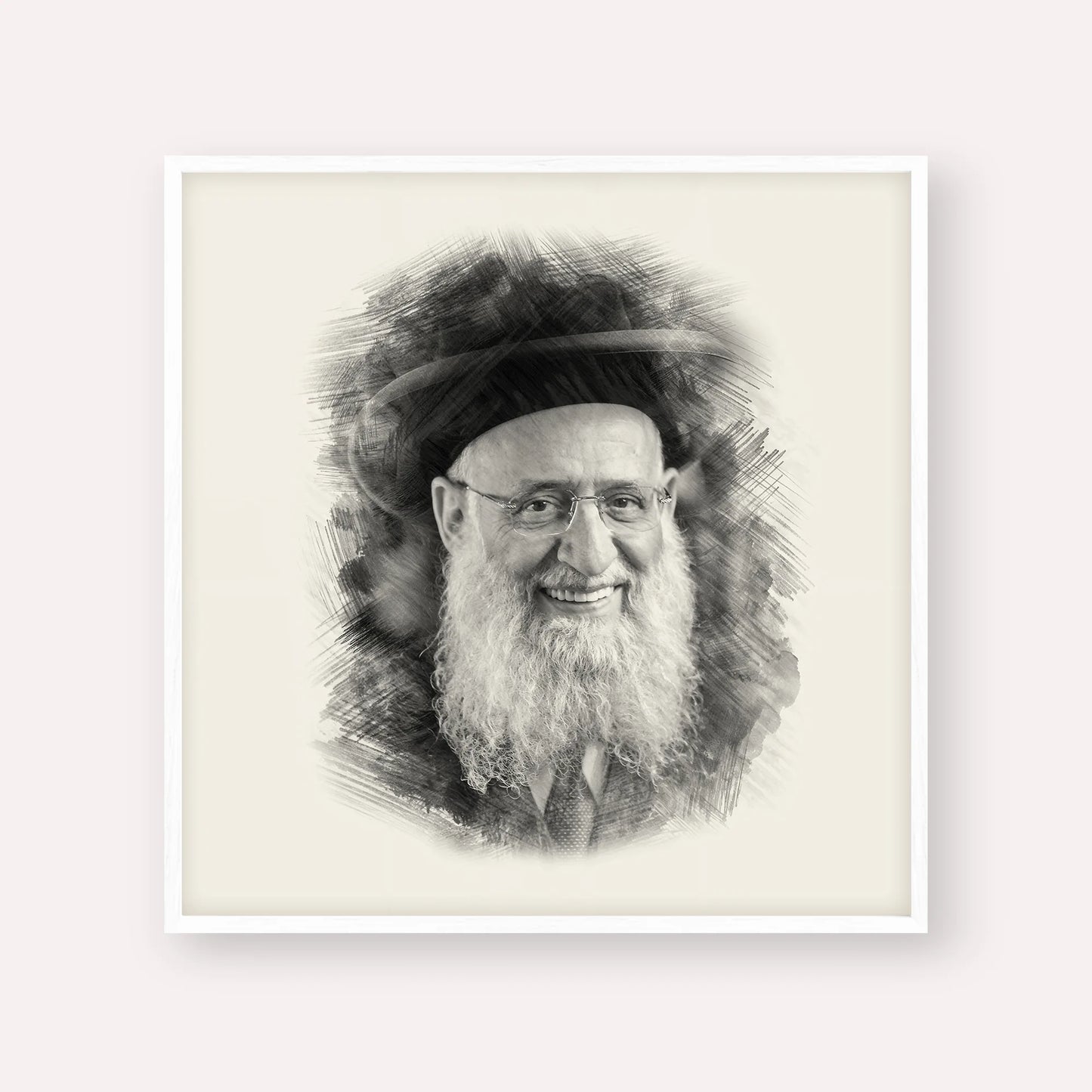 Rabbi Reuven Elbaz – Black & White – White Frame Square | Jewish Wall Art, Gedolim Pictures