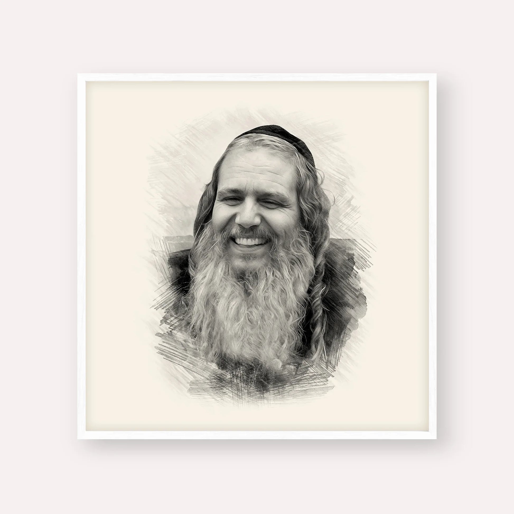 Rabbi Shalom Arush – Black & White – White Frame Square | Jewish Wall Art, Gedolim Pictures