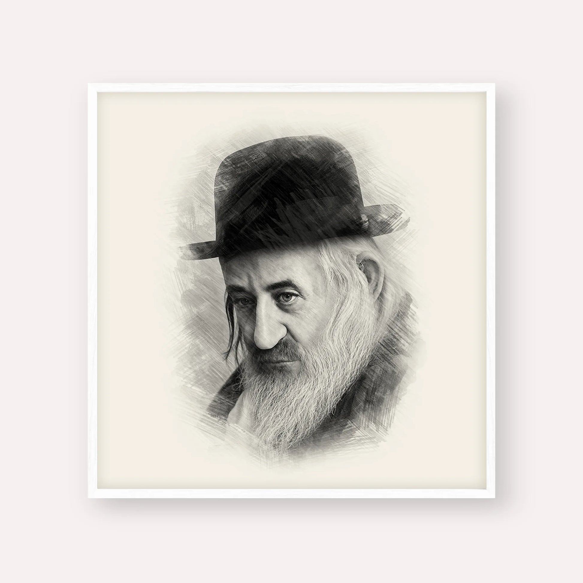 Rabbi Shaya'la of Kerestir – Black & White – White Frame Square | Jewish Wall Art, Gedolim Pictures