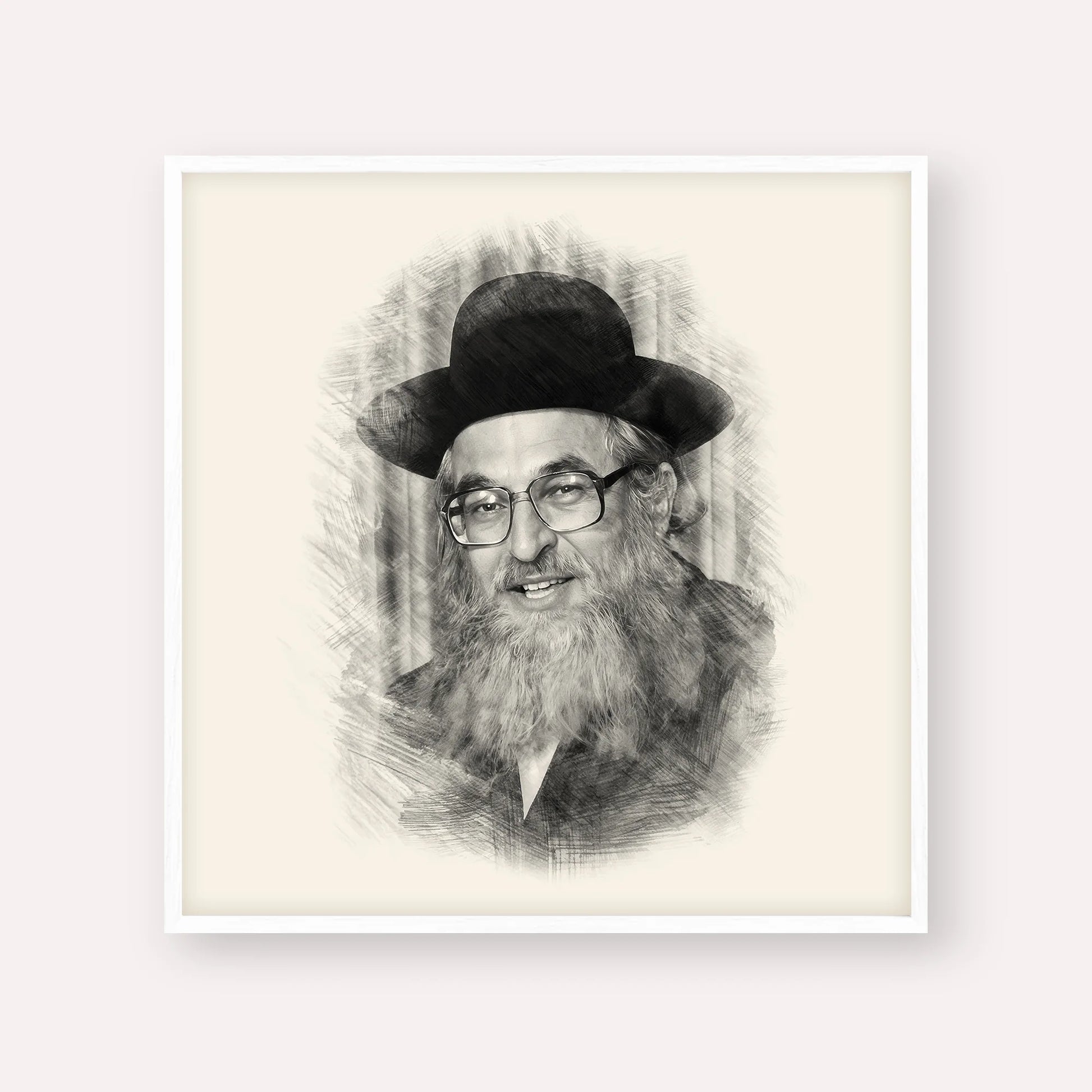 Rabbi Shimshon Dovid Pincus – Black & White – White Frame Square | Jewish Wall Art, Gedolim Pictures