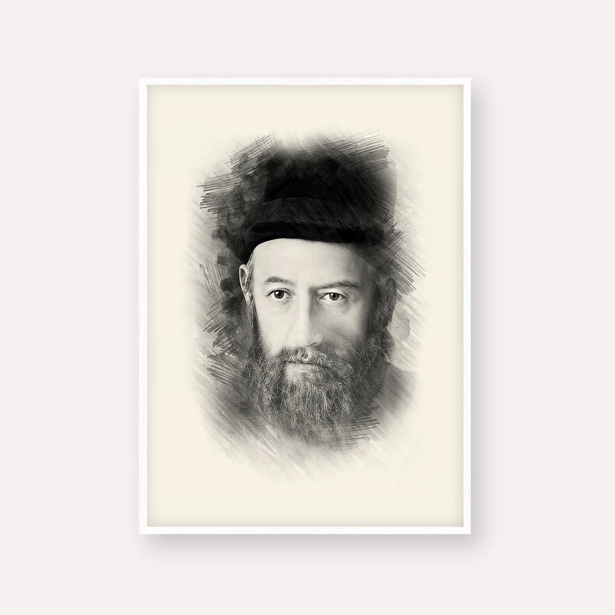 Rabbi Sholom Dovber Schneersohn – Black & White – White Frame Vertical | Jewish Wall Art, Gedolim Pictures