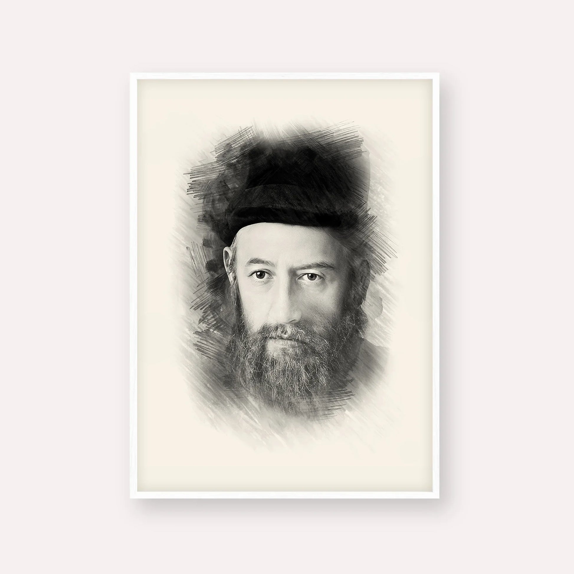 Rabbi Sholom Dovber Schneersohn – Black & White – White Frame Vertical | Jewish Wall Art, Gedolim Pictures