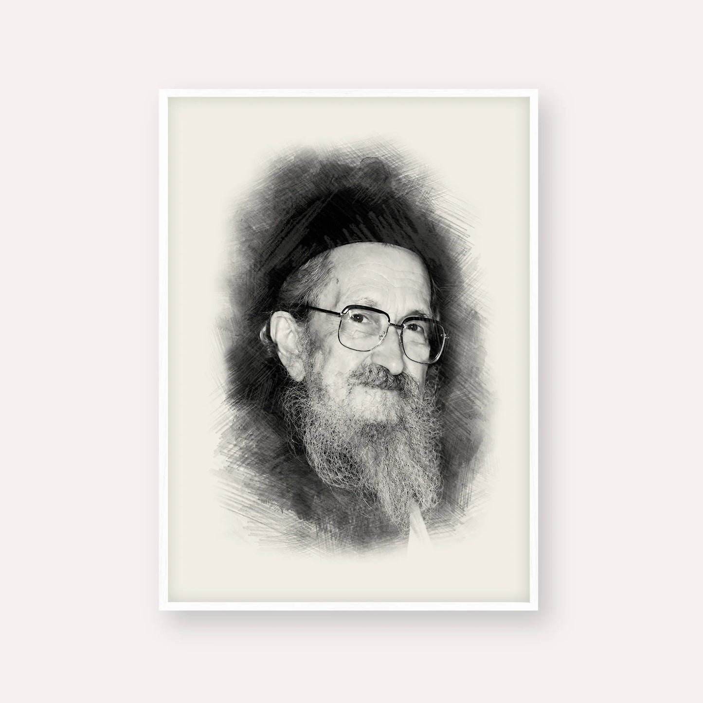 Rabbi Sholom Noach Berezovsky - Nesivos Shalom – Black & White – White Frame Vertical | Jewish Wall Art, Gedolim Pictures