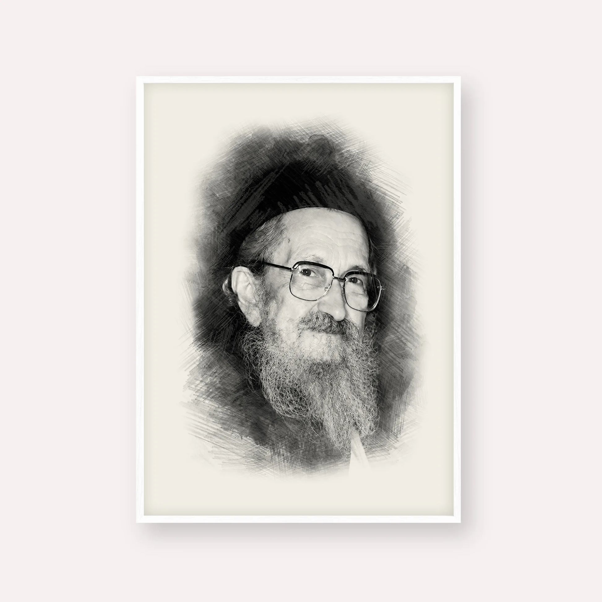 Rabbi Sholom Noach Berezovsky - Nesivos Shalom – Black & White – White Frame Vertical | Jewish Wall Art, Gedolim Pictures
