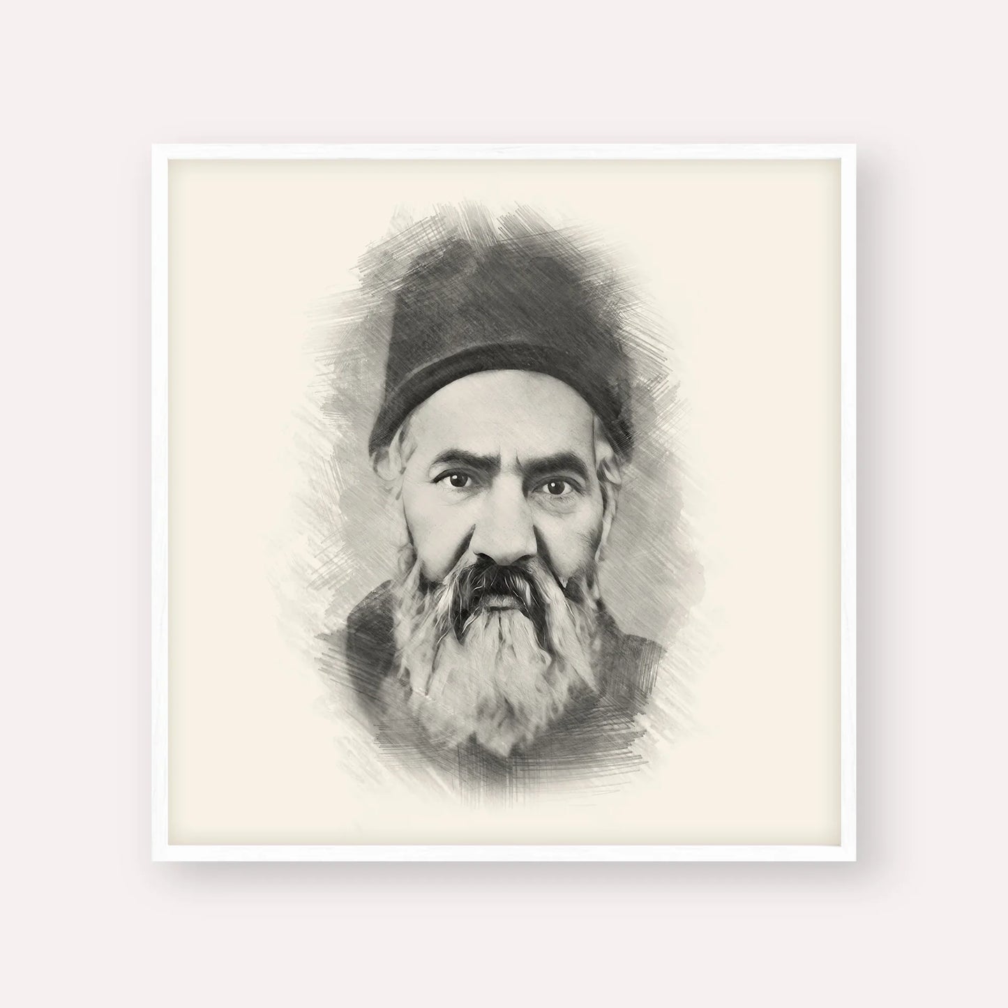 Rabbi Yaakov Chaim Sofer (Kaf Hachaim) – Black & White – White Frame Square | Jewish Wall Art, Gedolim Pictures
