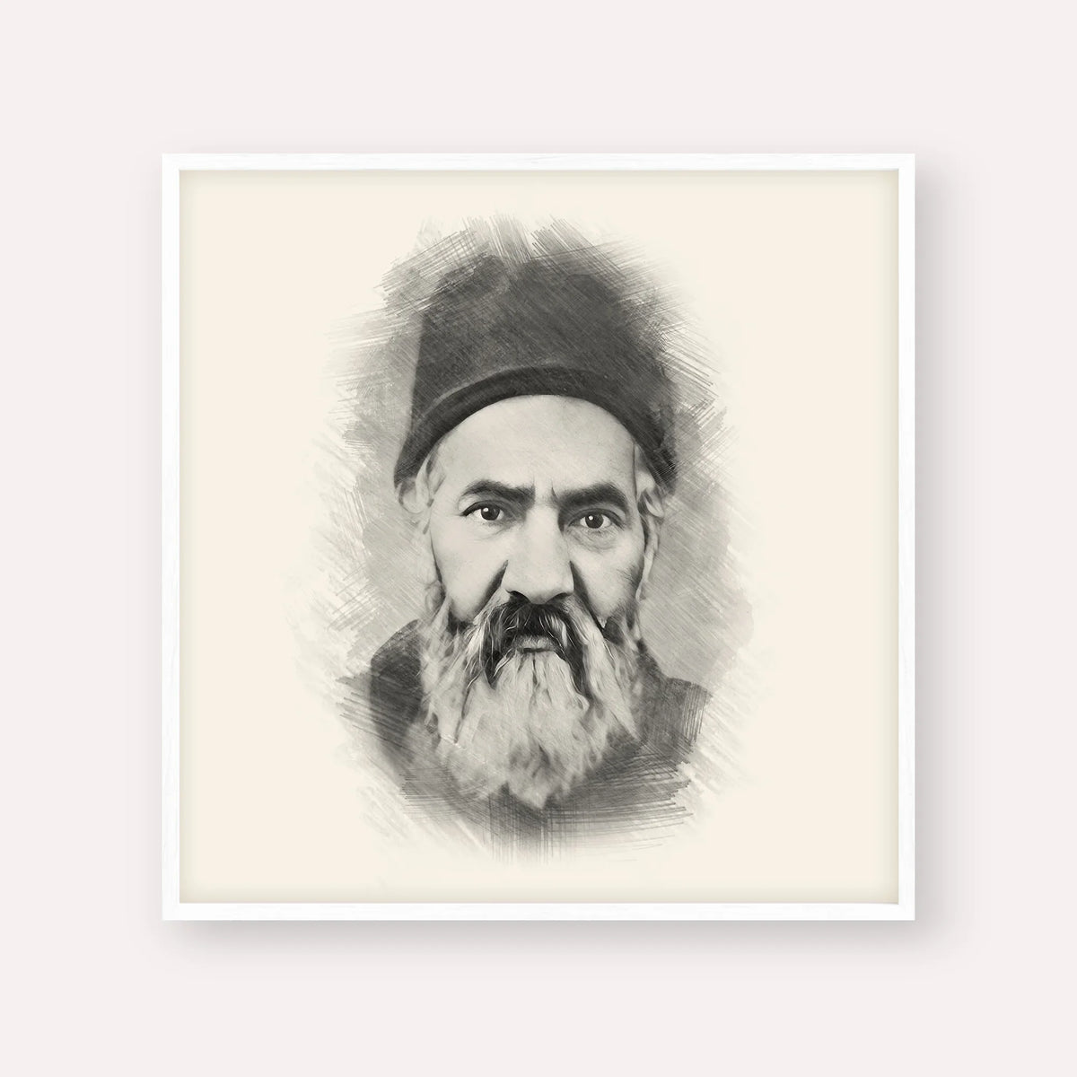 Rabbi Yaakov Chaim Sofer (Kaf Hachaim) – Black & White – White Frame Square | Jewish Wall Art, Gedolim Pictures