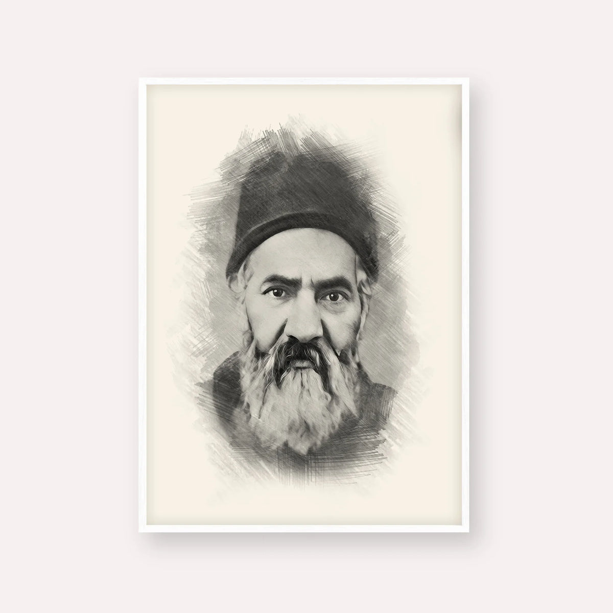 Rabbi Yaakov Chaim Sofer (Kaf Hachaim) – Black & White – White Frame Vertical | Jewish Wall Art, Gedolim Pictures