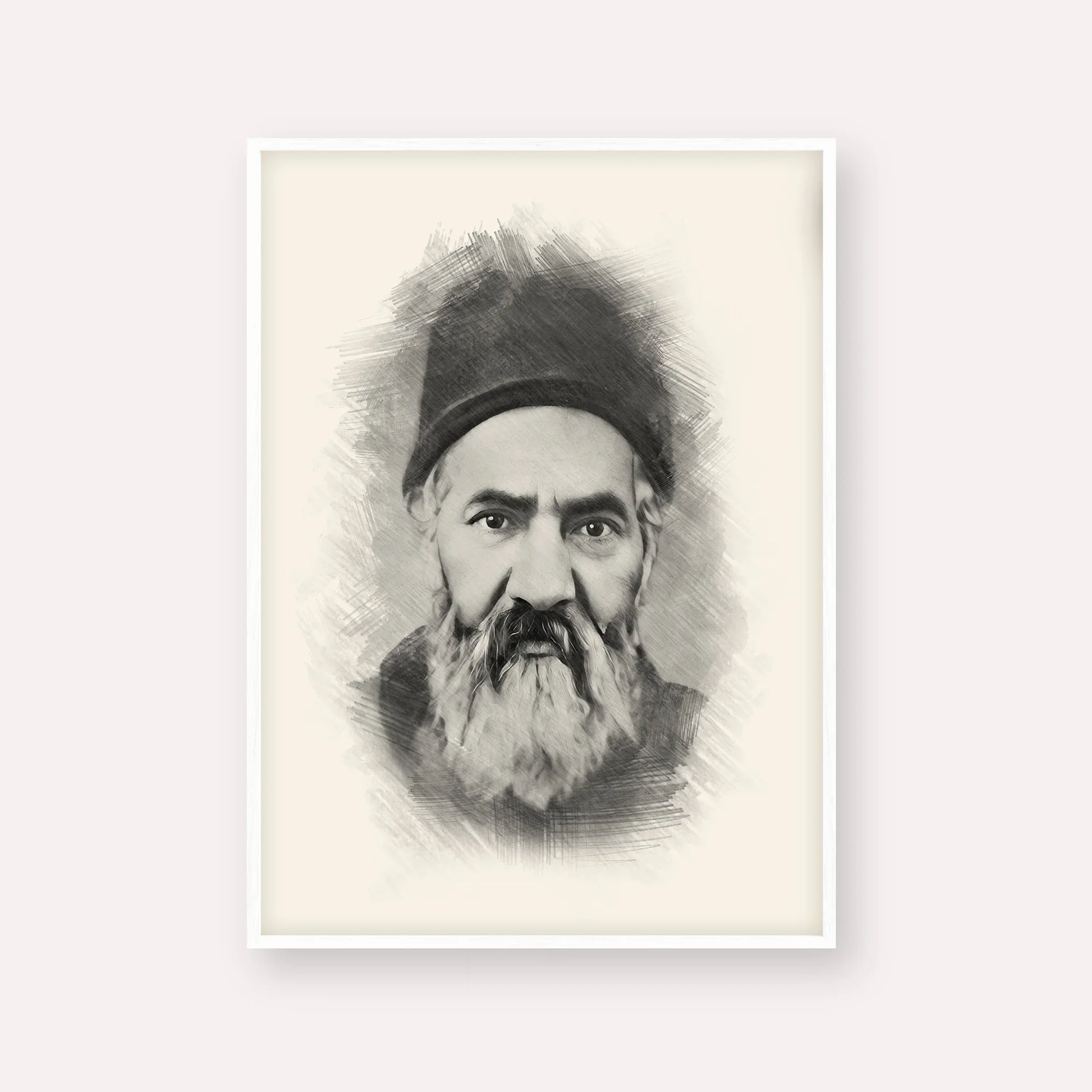 Rabbi Yaakov Chaim Sofer (Kaf Hachaim) – Black & White – White Frame Vertical | Jewish Wall Art, Gedolim Pictures
