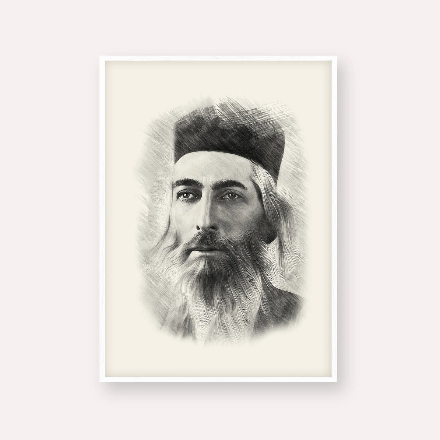 Rabbi Yaakov Yosef Herman – Black & White – White Frame Vertical | Jewish Wall Art, Gedolim Pictures