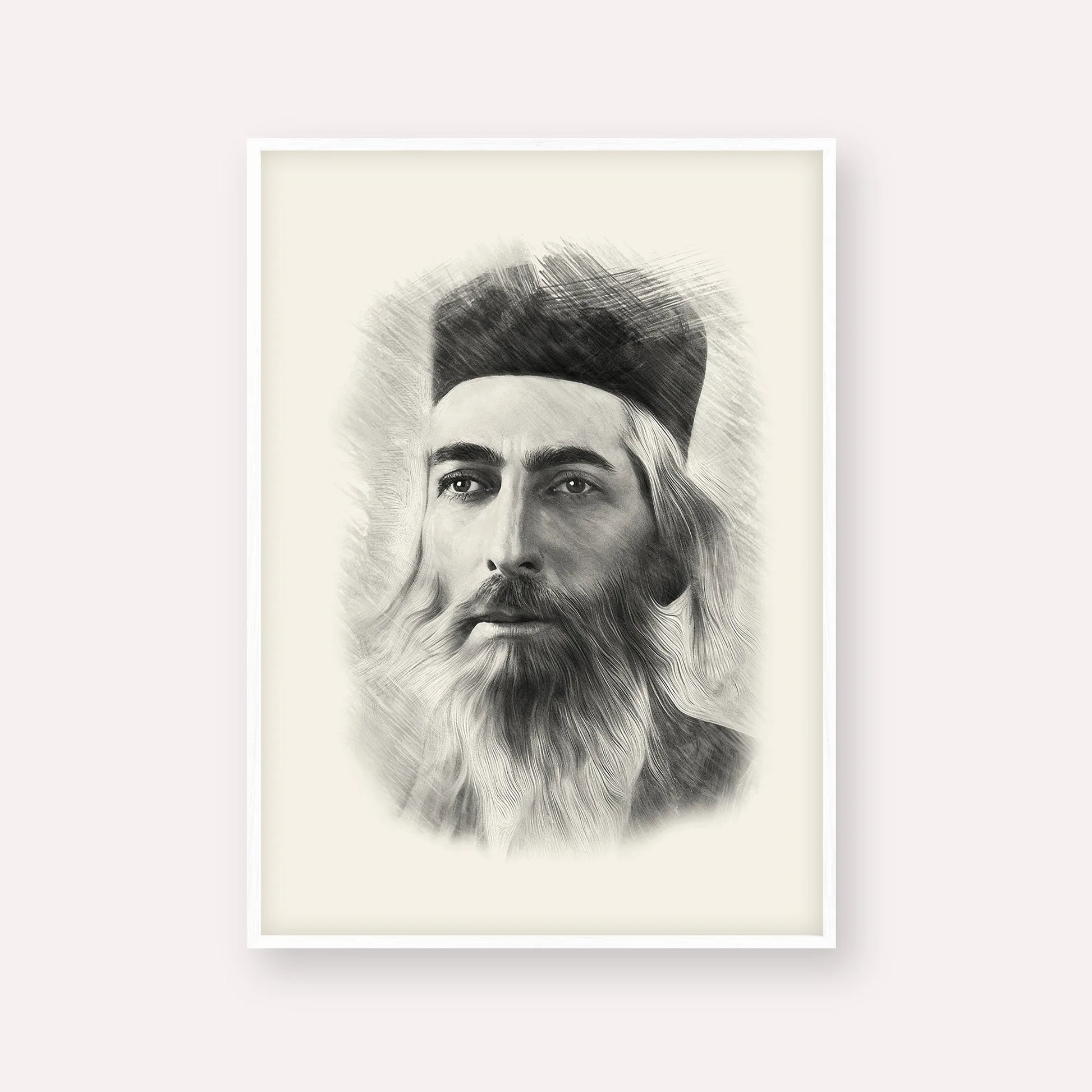 Rabbi Yaakov Yosef Herman – Black & White – White Frame Vertical | Jewish Wall Art, Gedolim Pictures