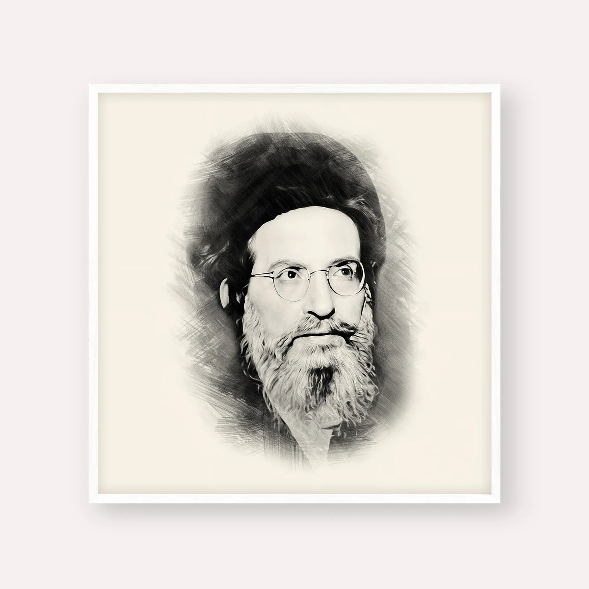 Rabbi Yehuda Ashlag ( Baal HaSulam) – Black & White – White Frame Square | Jewish Wall Art, Gedolim Pictures