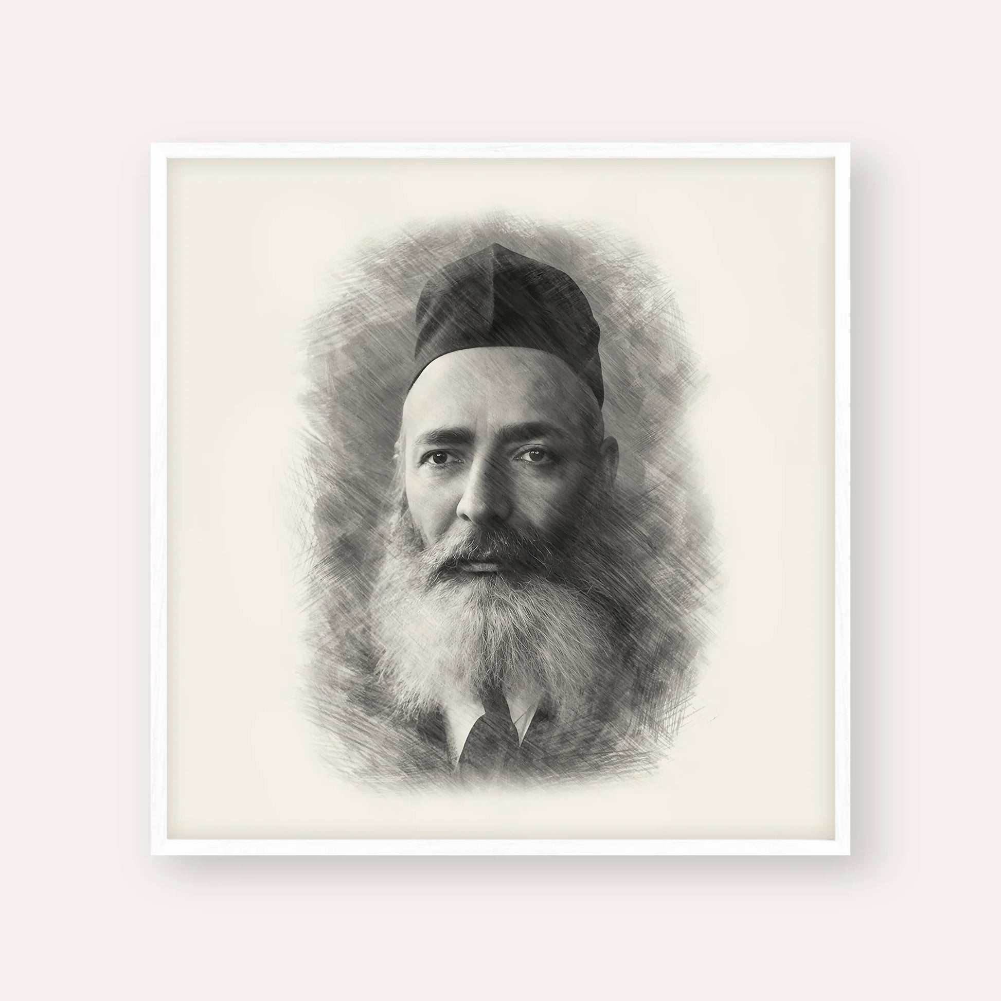 Rabbi Yeruchom Levovitz – Black & White – White Frame Square | Jewish Wall Art, Gedolim Pictures