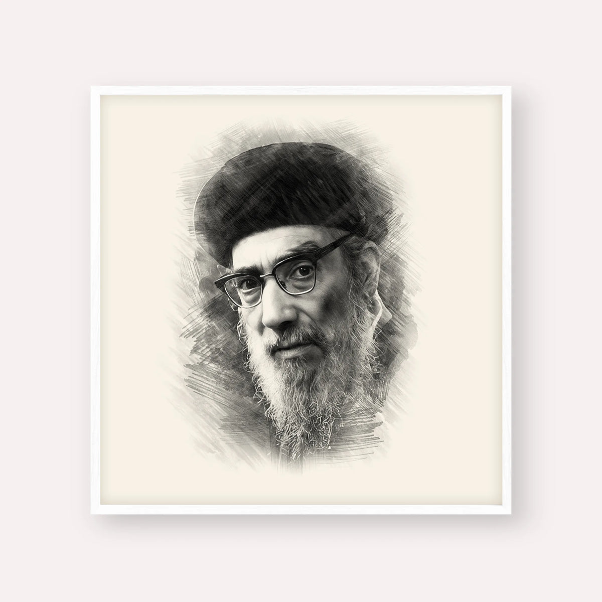 Rabbi Yitzhak Abuchatzira (Baba Haki) – Black & White – White Frame Square | Jewish Wall Art, Gedolim Pictures