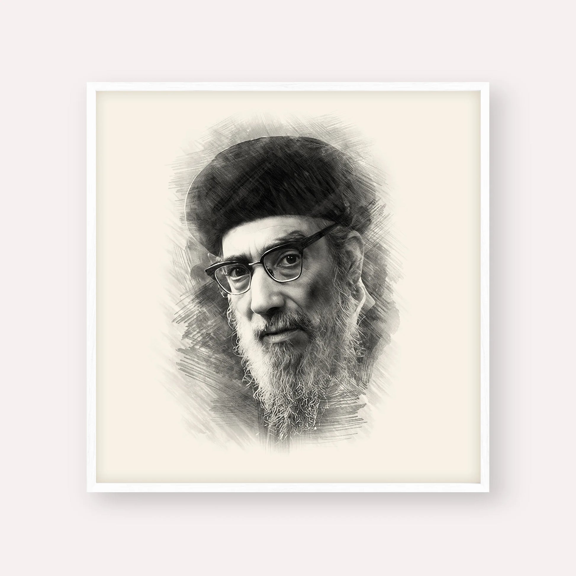 Rabbi Yitzhak Abuchatzira (Baba Haki) – Black & White – White Frame Square | Jewish Wall Art, Gedolim Pictures