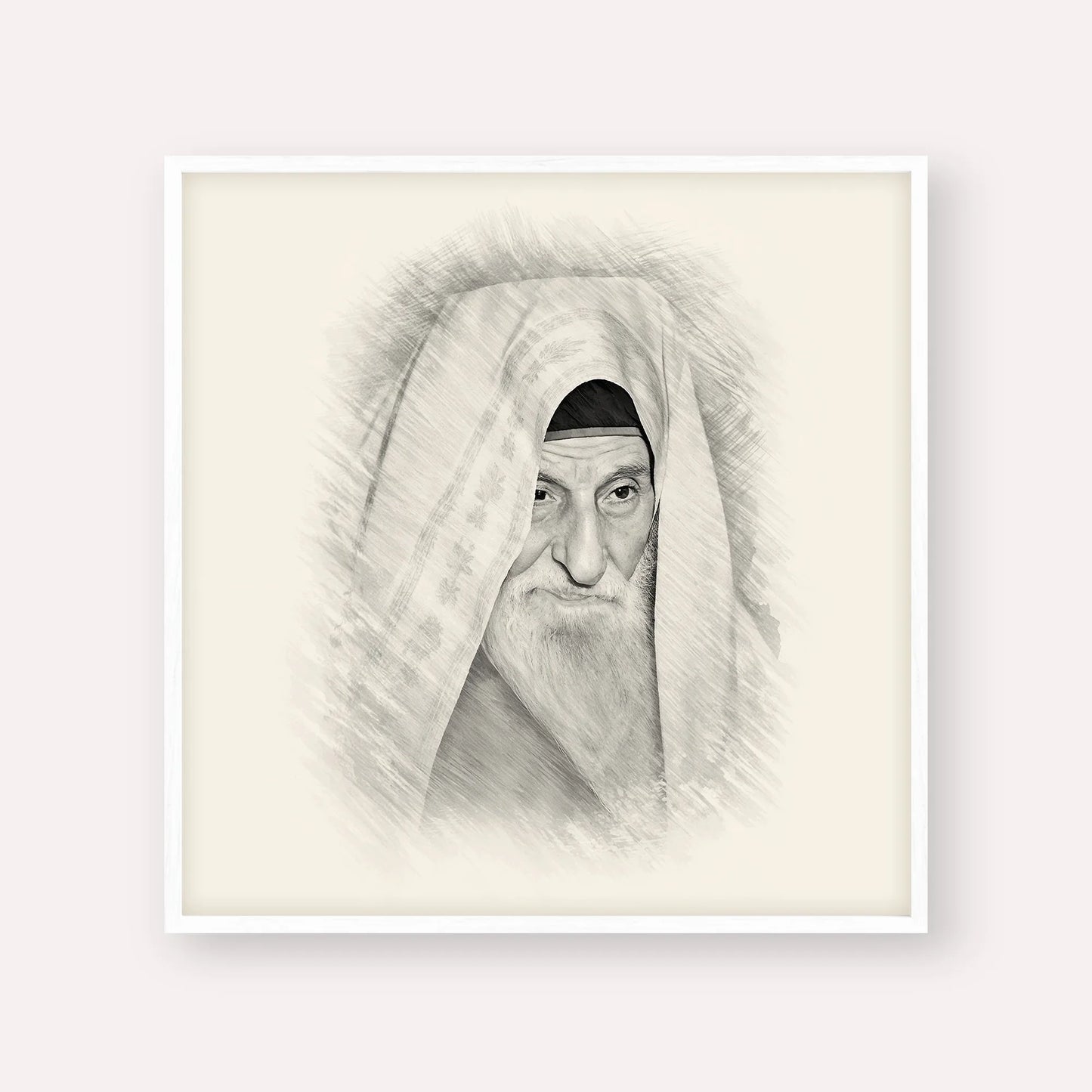 Rabbi Yitzhak Kaduri – Black & White – White Frame Square | Jewish Wall Art, Gedolim Pictures