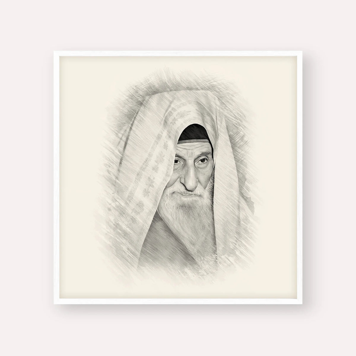 Rabbi Yitzhak Kaduri – Black & White – White Frame Square | Jewish Wall Art, Gedolim Pictures