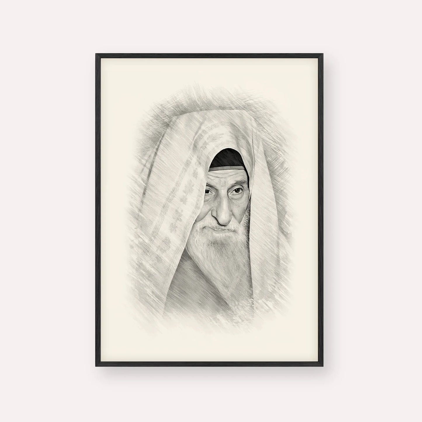 Rabbi Yitzhak Kaduri – Black & White – Black Frame Vertical | Jewish Wall Art, Gedolim Pictures