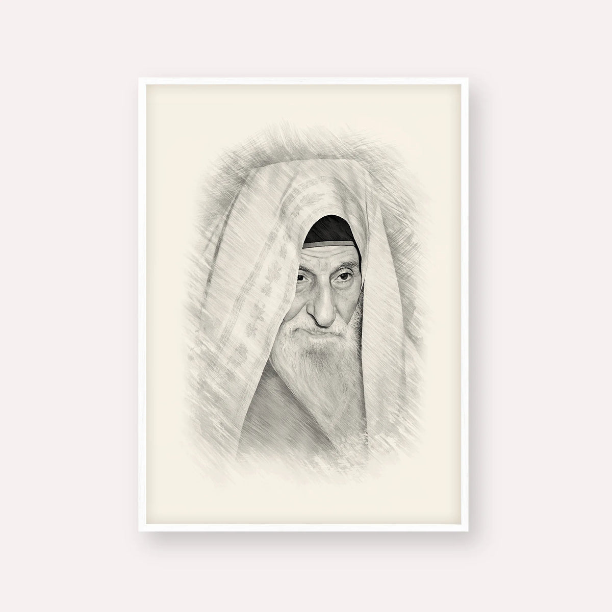 Rabbi Yitzhak Kaduri – Black & White – White Frame Vertical | Jewish Wall Art, Gedolim Pictures
