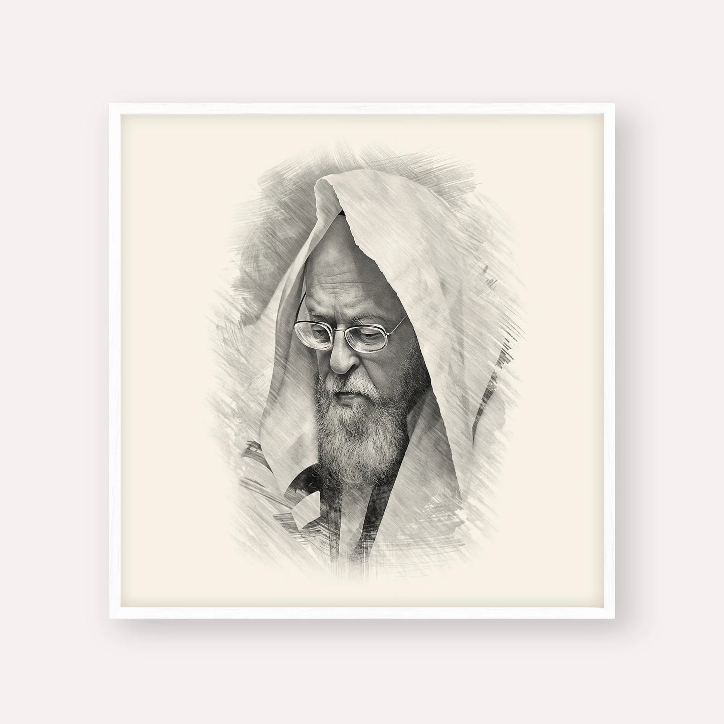 Rabbi Yosef Shalom Elyashiv – Black & White – White Frame Square | Jewish Wall Art, Gedolim Pictures