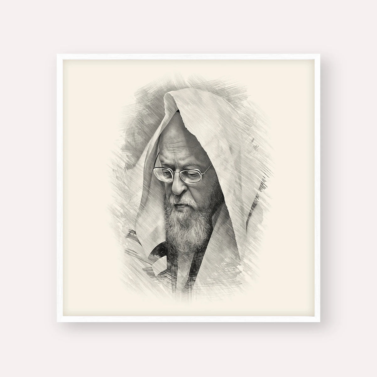 Rabbi Yosef Shalom Elyashiv – Black & White – White Frame Square | Jewish Wall Art, Gedolim Pictures