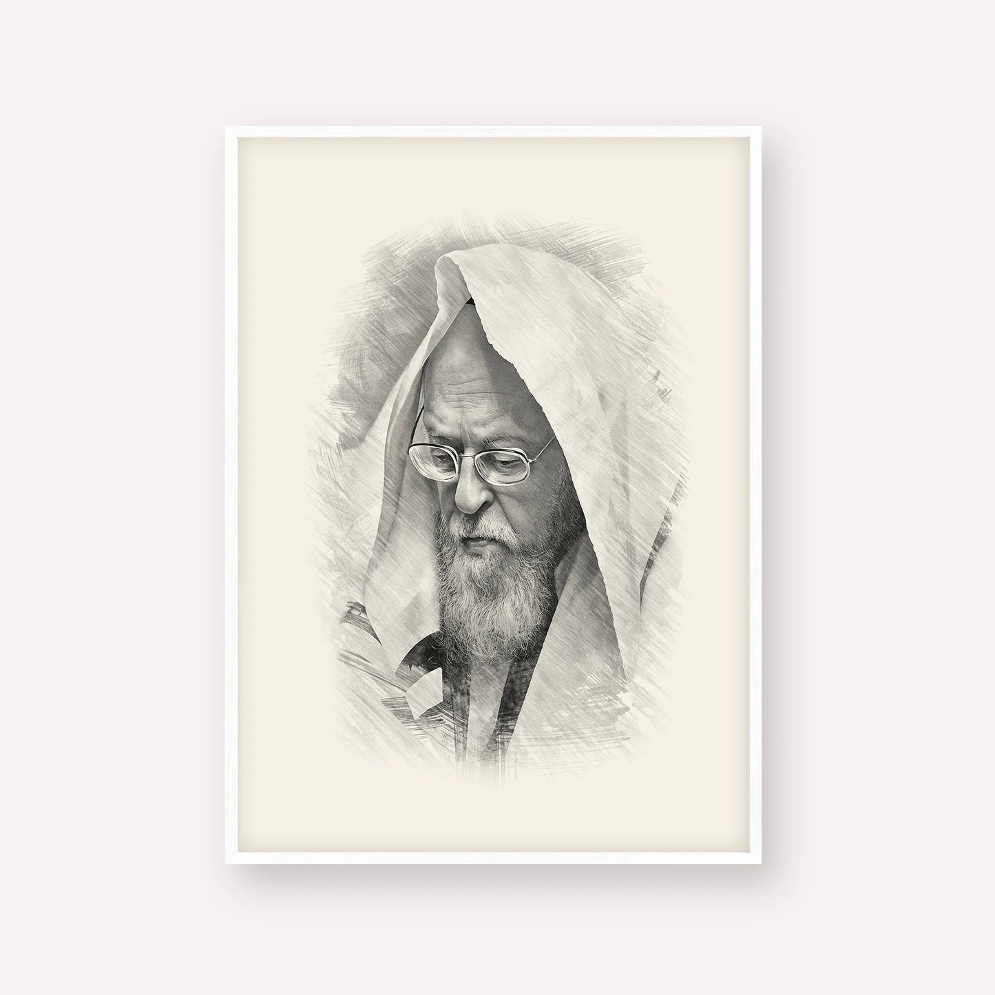 Rabbi Yosef Shalom Elyashiv – Black & White – White Frame Vertical | Jewish Wall Art, Gedolim Pictures