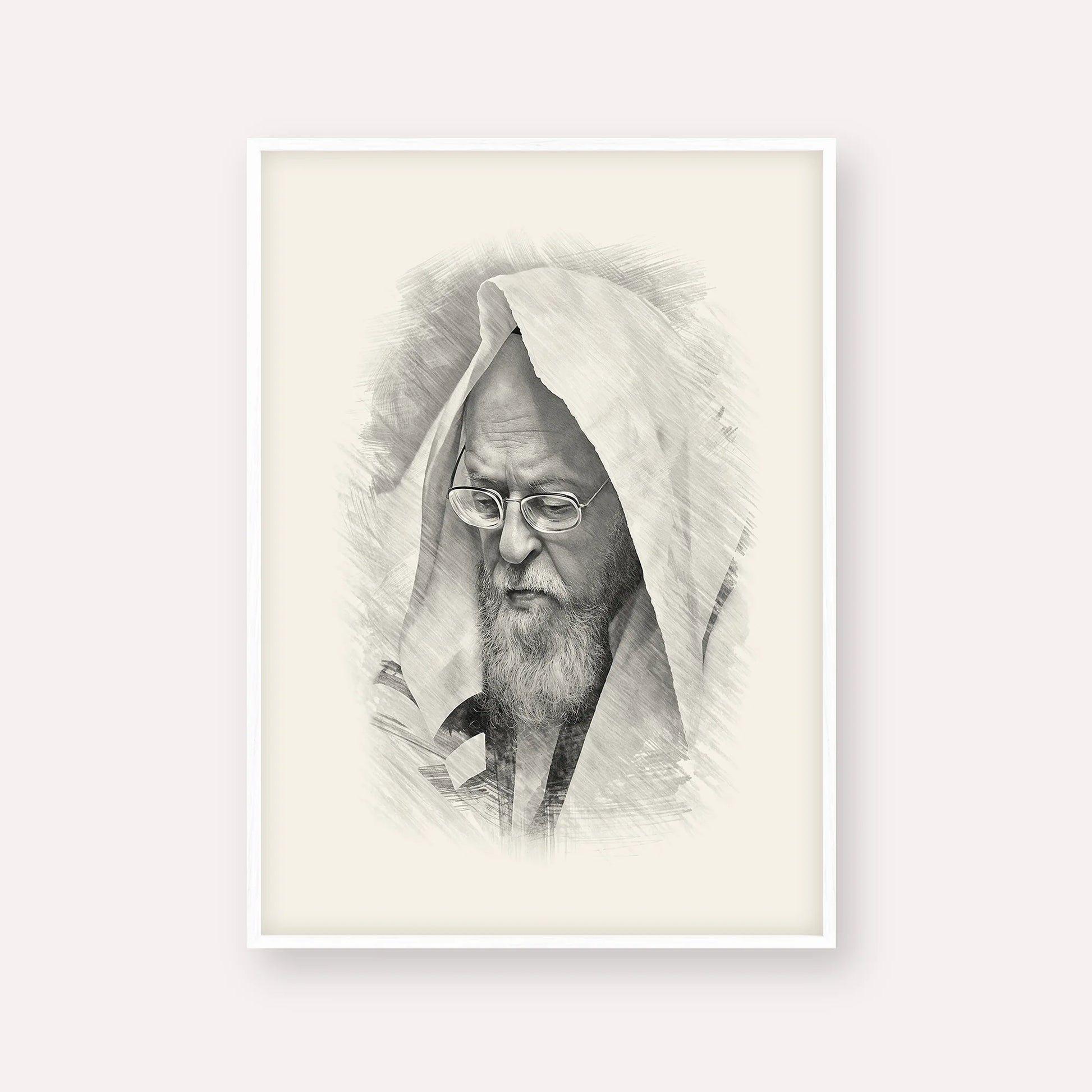 Rabbi Yosef Shalom Elyashiv – Black & White – White Frame Vertical | Jewish Wall Art, Gedolim Pictures