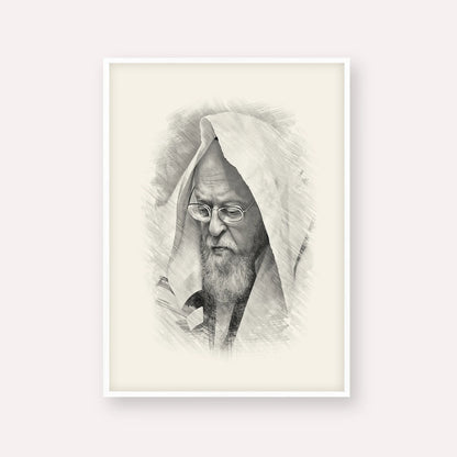 Rabbi Yosef Shalom Elyashiv – Black & White – White Frame Vertical | Jewish Wall Art, Gedolim Pictures